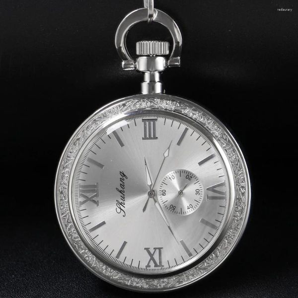 Cep saatleri fob shuhang gümüş oyma makineler erkekler saat çift taraflı roman kadran saati el rüzgarı ile zincir hediye pjx1476
