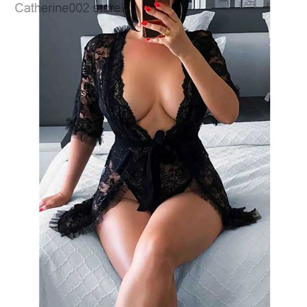 Set sexy da donna Lingerie sexy Sex Lace Babydoll Set intimo Sleepwear Mesh Robe Pigiama Trasparente floreale da donna Deep V Camicia da notte T231030