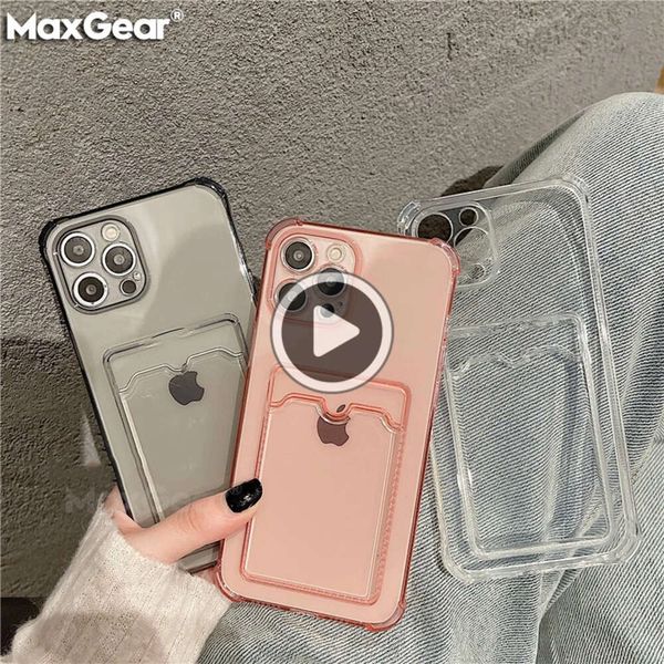 Transparente slot para cartão saco titular caso para iphone 15 14 13 11 12 pro max mini x xs xr 7 8 plus claro à prova de choque macio carteira capa