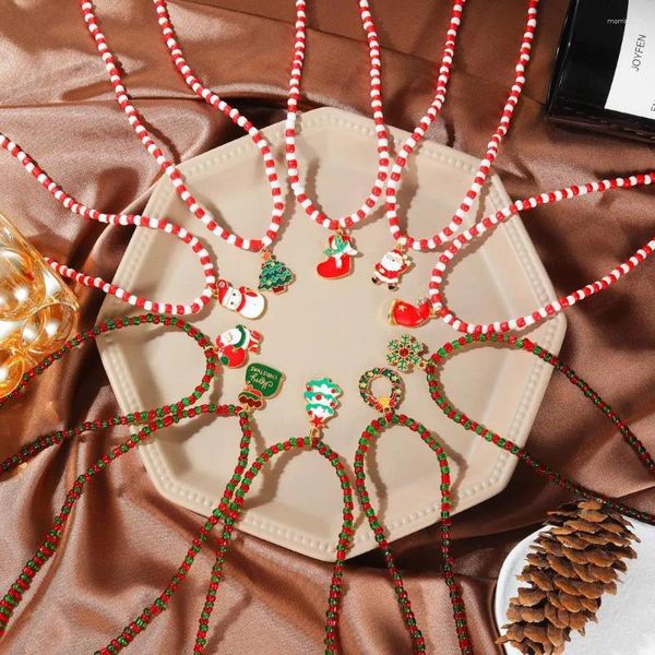 Colares Pingente 2024 Feliz Natal Colar Esmalte Santa Elk Clavícula Arroz Beads Corrente Vintage Árvore para Mulheres Meninas