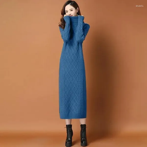 Casual Kleider Rollkragen Verdicken Warme Gestrickte Kleid Lose Lange Gerade Bodenbildung Pullover Robe Herbst Winter Strickwaren Vestidos Mujer