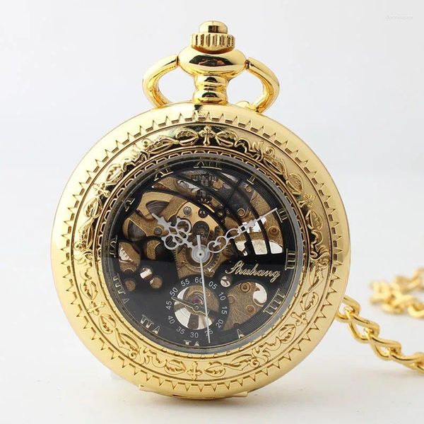 Orologi da tasca 10 pz/lotto Steampunk Oro Orologio Meccanico Vintage Scheletro Quadrante Romano Regalo Da Uomo Con Catena