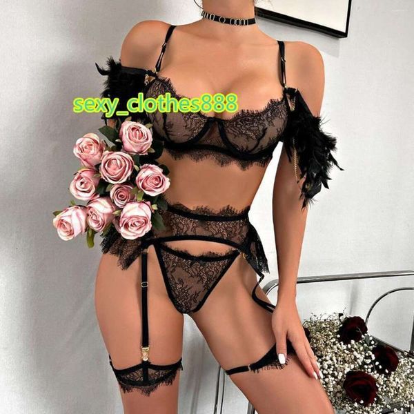 Conjuntos de sutiãs 4 pcs pena costura sexy lingerie conjunto sensual roupa interior mulheres rendas finas transpanret brassiere metal cadeia sutiã tangas calcinha