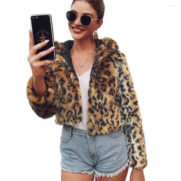 Pele feminina zt0007 europa e américa outono inverno roupas plus size feminino leopardo impressão falso casaco com capuz de pelúcia curto casaco