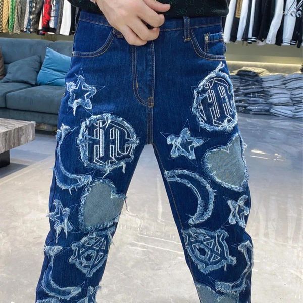 Herren Jeans Old Wash Water Stretch Jean Skinny Tapered Hose Gesticktes Loch Patch Hombre Biker Streetwear Zerrissene Denim Hose