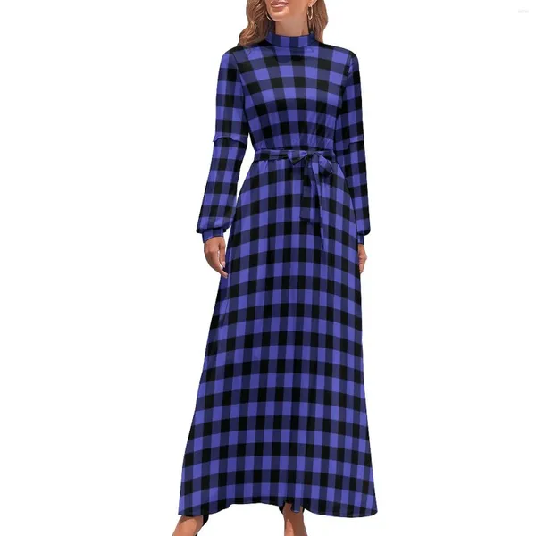 Vestidos casuais retro gingham vestido preto e roxo sexy personalizado maxi cintura alta manga longa moda coreana praia