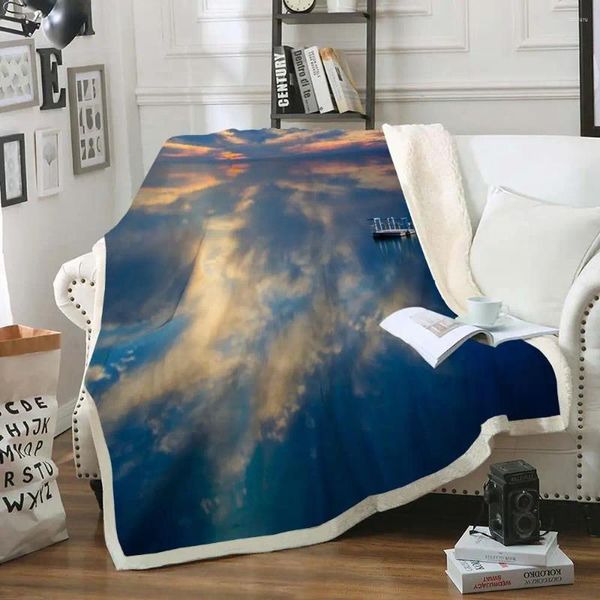 Decken 3D-Himmel-Decke, blauer See, Überwurf, weiches Sherpa-Fleece, Plüsch, Bett für Schlafzimmer, Sofa