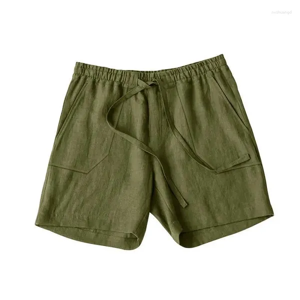 Shorts masculinos de algodão linho homens casual cordão laço-up praia respirável solto calça curta masculino lazer cor pura verão