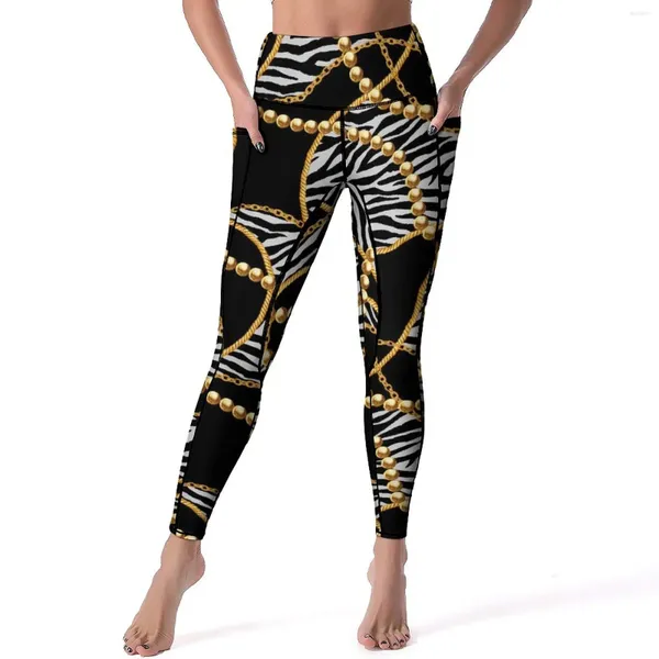 Damen-Leggings, goldene Kette, Zebra-Druck, Fitness, Laufen, Yoga, hohe Taille, elegante Leggins, Stretch-Grafik, Sportstrumpfhose, Geschenkidee