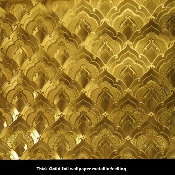 Wallpapers Brilhante Papel de Parede KTV Folha de Ouro El Buddha Hall Grosso Rolo 3D para Quarto de Cama Teto de Entrada