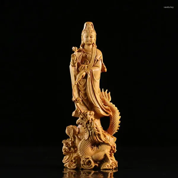 Statuette decorative Intaglio del legno Statua di Guanyin Ornamenti di Buddha Buddismo Decorazioni per la casa Soggiorno intagliato a mano Feng Shui