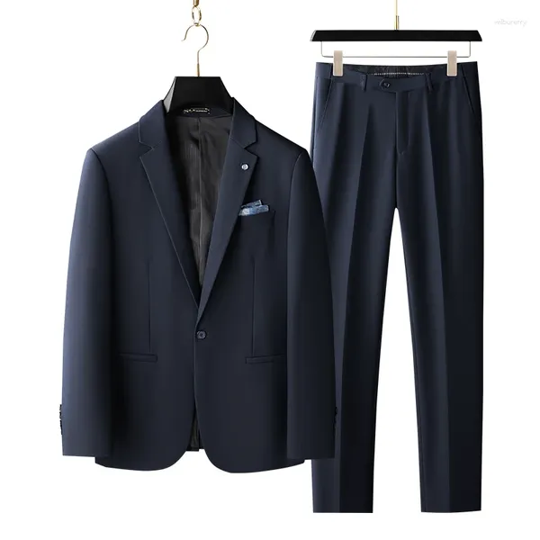 Erkekler Suits High-End Butik (Suit Pantolonlar) Düz renkli lacivert Business Leisure Work İnce Suit Damat Gelinlik İki Set