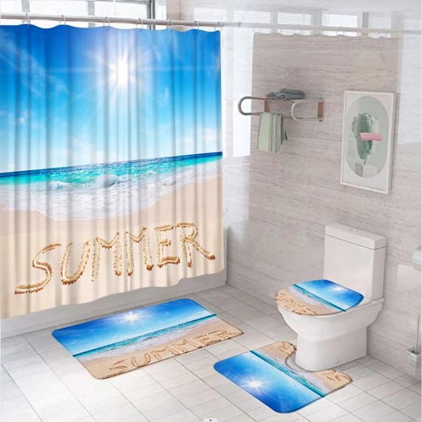 Tende da doccia Set di tende da spiaggia estive Blu Mare Onde dell'oceano Sole Bagno Tappeto antiscivolo Tappetino da bagno a forma di U Copri coperchio del WC