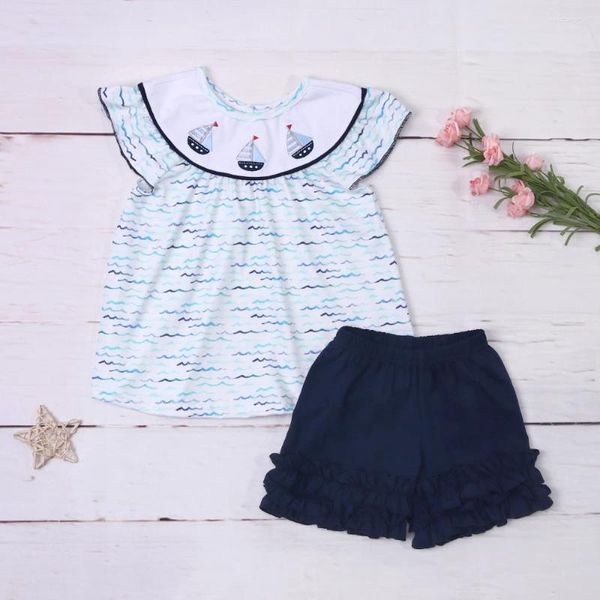 Kleidungssets Baby Kinder Baumwolle ärmelloses blaues T-Shirt-Set Rundhals-Boot-Stickerei Mädchen-Top-Kleidung und marineblauer Falten-Shorts-Anzug