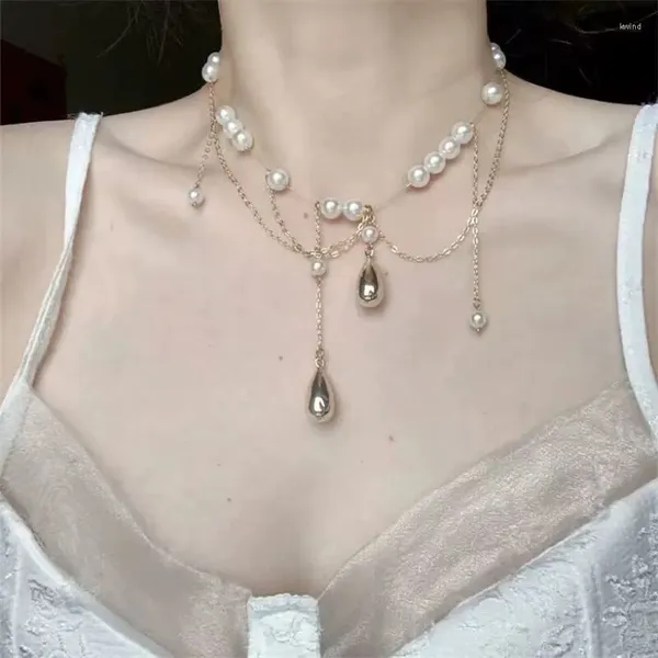 Anhänger Halsketten 2023 Koreanische Mode Süße Imitation Perle Kette Choker Titan Stahl Quaste Halskette Für Frauen Egirl Harajuku Y2k Schmuck