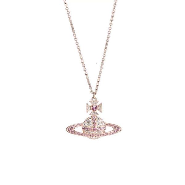 Collana di moda donna stilista Viviennes Westwoods Collana Same Pink Saturn Planet Collana piena di diamanti per donna con catena regalo di nozze