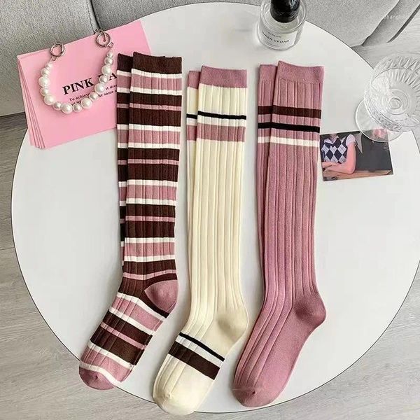 Damensocken Dreamlikelin im koreanischen Stil für Mädchen, Lolita, Frühling und Sommer, gestreift, weiß, blau, rosa, mit Rundhalsausschnitt