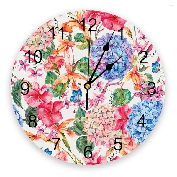 Wanduhren, Frühlingsblume, Schmetterling, Hortensie, Druckuhr, Kunst, geräuschlos, nicht tickend, runde Uhr für Heimdekoration, Geschenk