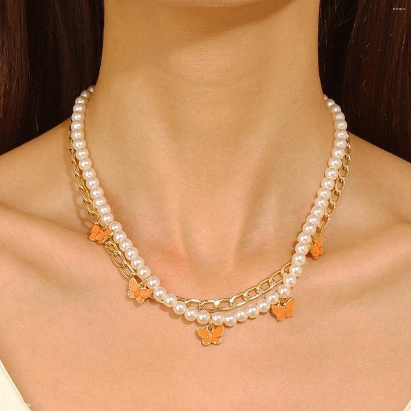 Ketten Elegante Schmetterlingsanhänger Perlenkette Halskette Damen Vintage Stil Doppelschicht Sexy Kurze Schlüsselbein Halsketten Ungewöhnlicher Schmuck