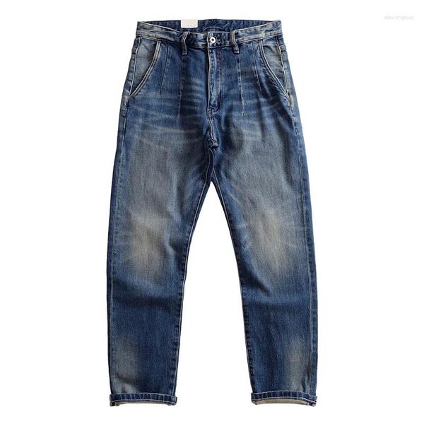 Jeans Masculinos Pesados Vintage Feito Velho Micro-Stretch Perna Reta Solta Carga Calça Casual