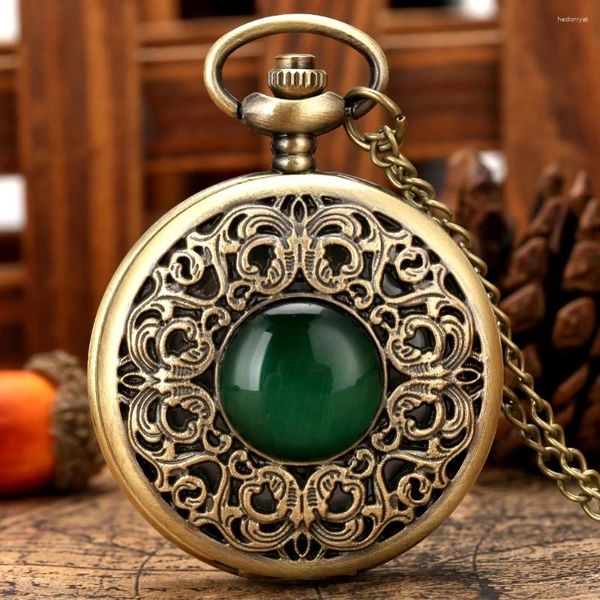 Orologi da tasca Squisita pietra di smeraldo Collana in bronzo con pendente Orologio al quarzo Regalo per uomo Donna Relógios