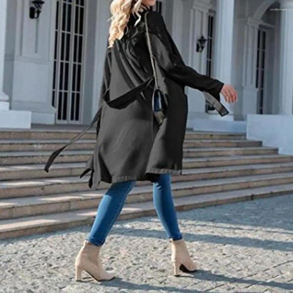 Trench da donna Cappotto da donna Tinta unita Maniche lunghe Giacca autunnale con cintura Tasche di lunghezza midi Casual Previene la cinghia antivento per