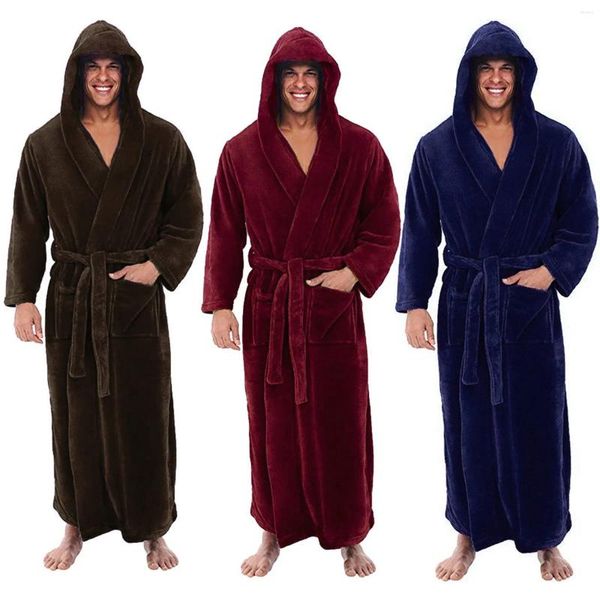 Pijamas masculinos de pelúcia alongados roupões de inverno engrossados cor sólida xale roupas para casa pijamas com capuz manga comprida robe