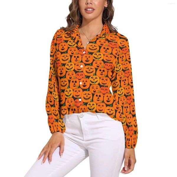 Blusas femininas blusa de abóbora fofa feminina estampa de halloween clássico solto manga comprida camisa bonita personalizada top tamanho grande 2xl 3xl