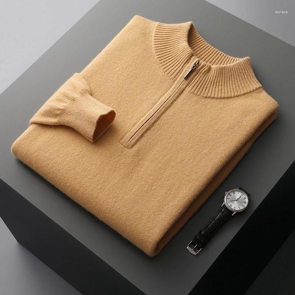 Suéter masculino outono/inverno moda engrossado puro caxemira inverno negócios suéter grande meia altura gola com zíper top de malha