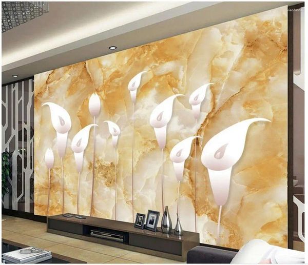 Wallpapers personalizado po papel de parede pintado à mão ferradura lótus mármore arte mural para sala de estar grande pintura decoração de casa