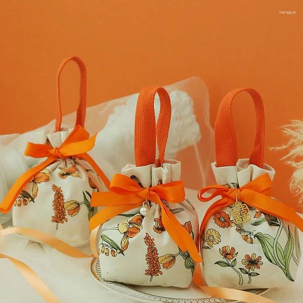 Подарочная упаковка, 1 шт., портативная свадебная ручная сумка для конфет, ткань с принтом, на шнурке, для хранения шоколада и печенья для гостей