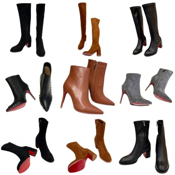 Botas de joelho apontou dedo do pé salto alto clássico feminino sapatos vermelhos carta de luxo sapatos de grife cor sólida coxa-alta botas de couro genuíno botas de tornozelo famosos sapatos