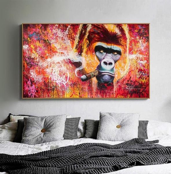 Abstrakte Wandkunst Leinwand Tier Ölgemälde Gorilla Rauchende Zigarre Lustige Poster Drucke Bild für Wohnzimmer Moderne Wohnkultur C9461149