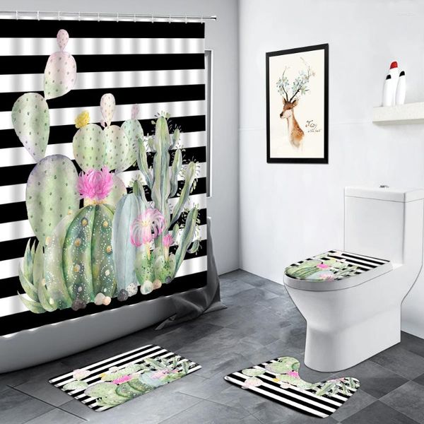 Занавески для душа Набор тропических кактусов Коврик для ванной комнаты Черно-белые полосы Зеленые растения Цветы Нескользящие коврики Коврик для ванной Крышка для унитаза