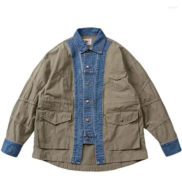 Giacche da uomo Giacca cargo lavata con giunture in denim multi materiale Cappotto ampio da cowboy con taglio personalizzato per uomo