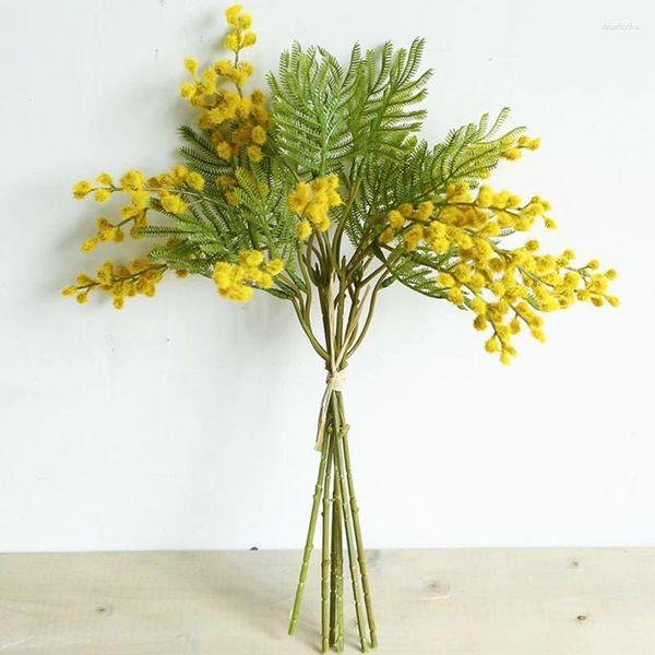 Fiori decorativi Autunno Artificiale Mimosa Ramo di fiori Foglie di palma tropicale Falso giallo Stame Acacia di seta Decorazione di piante finte