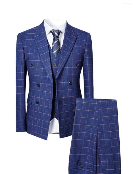 Ternos masculinos xadrez moderno ajuste 3 peças jaqueta smoking colete calças