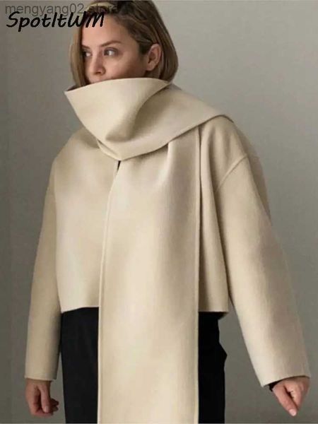 Misto lana da donna Elegante autunno Donna Sciarpa Colletto Cappotto beige Inverno Manica lunga Oversize Corto Capispalla Moda Streetwear Cappotto allentato casual T231030