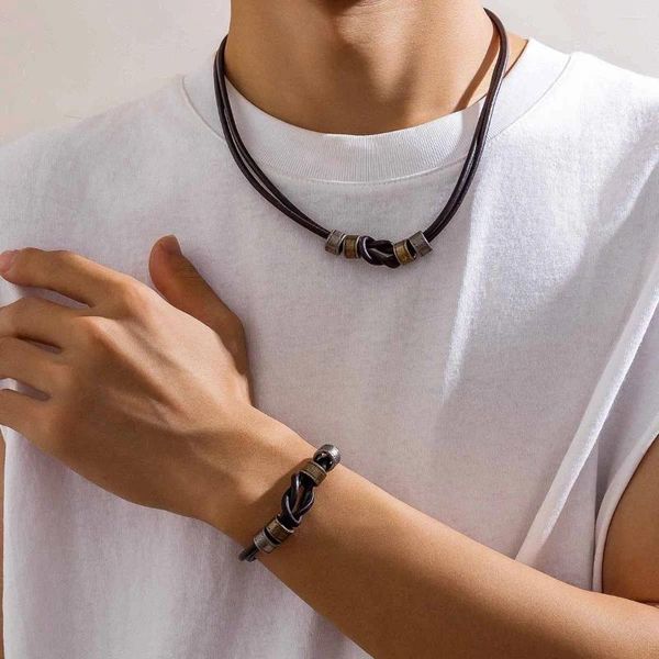 Collana Orecchini Set Ankh Anelli Ciondolo per donna Uomo Cravatta Nodo Corda di cera Girocollo Catena in pelle PU nera