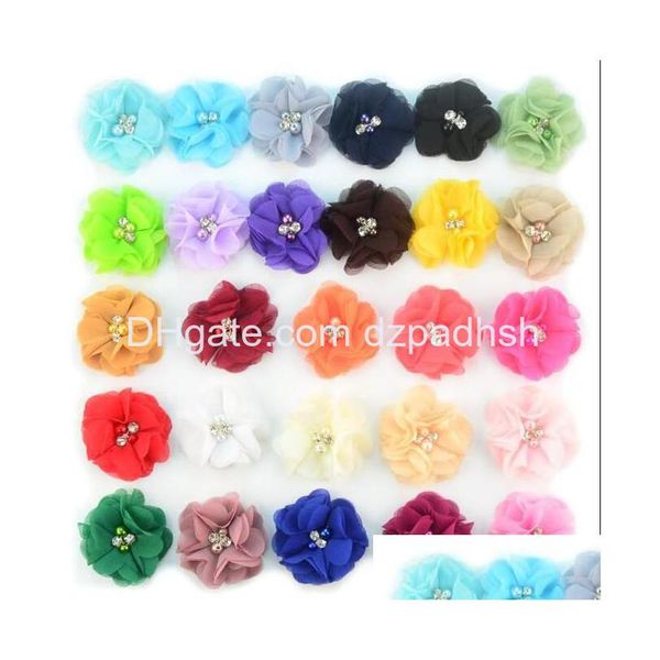 Аксессуары для волос 27 цветов шифоновые цветы с жемчугом и стразами в центре ткань из искусственных цветов детские повязки на голову Drop Deliver Dh9Iu