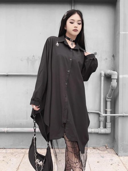 Blusas para mujer Estilo Harajuku Y2K Mujeres Camisas casuales sueltas negras Diseño de nicho Sentido Patchwork Camisa oscura de manga larga Tops Ropa de Mujer