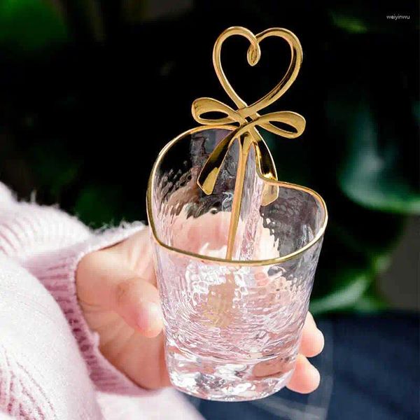 Bicchieri da vino Bicchiere da acqua in vetro trasparente con bacchetta per mescolare Contorno in oro Tè a forma di cuore Ragazza Amore S