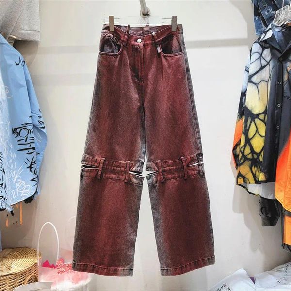 Jeans femininos 2023 mulheres calças de carga vinho tinto perna larga calças quebradas buracos grunge punk pintado casual império longo denim capris