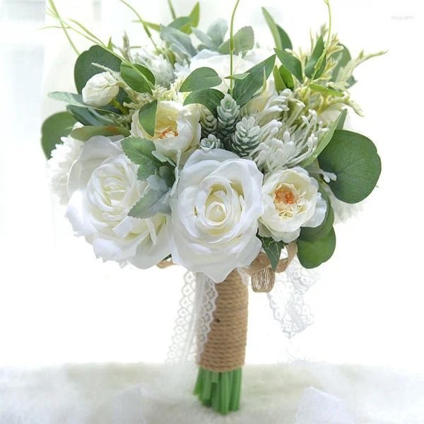 Fiori decorativi Foglia verde Rosa Bouquet di fiori da sposa Manico in corda di pizzo Whtie Bouquet da sposa Ramos De Damas Ramo Novia Home Decor