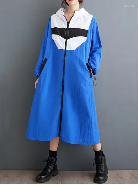 Casacos de trincheira femininos manga longa oversized vintage com capuz retalhos casual solto outono primavera casaco para mulher 2023 roupas outerwear
