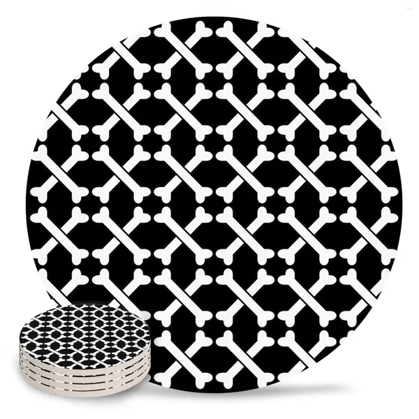 Tapetes de mesa Halloween Ossos Textura Porta-copos Cerâmica Conjunto Redondo Absorvente Bebida Café Xícara de Chá Placemats