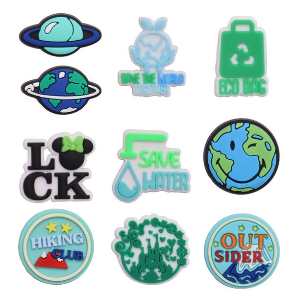 MOQ 20Pcs PVC Out Sider Hiking Club Earth Save Water ECO Bag Save The Word Together Cute Charms For Clog Sandals Shoe Accessories Buckle Decoration For Women