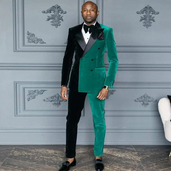 Smoking da sposa in velluto verde e nero Abiti da uomo slim fit Set da 2 pezzi Blazer con risvolto a punta Abito formale doppio petto con giacca e pantaloni