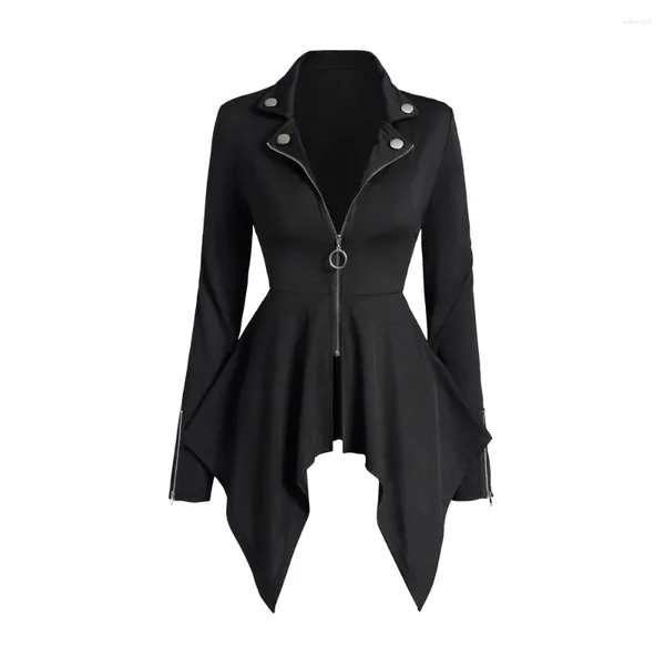 Jaquetas femininas zip up assimétrico hem punk estilo casaco para moda feminina manga longa sólida cor preta mock botão lenço jaqueta
