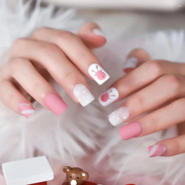 Unghie finte natalizie pre-design rosa bianco stampa su unghie corte squoval riutilizzabili acriliche cervi punte di arte della neve finte